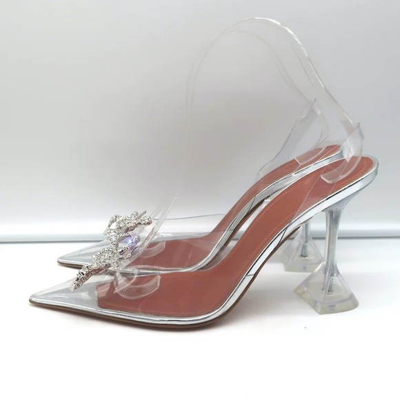 Amina Muaddi Rosie Glass Slingback Pumps Clear PVC Size 38.5 Crystal Bow Heels - Picture 7 of 12